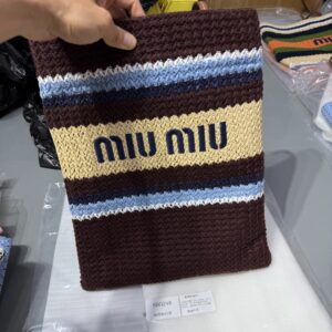 Miu Miu - Tote crochet rayures brun beige bleu