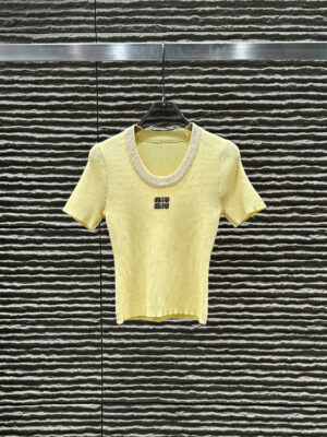 Miu Miu - T-shirt maille fine logo brodé - Jaune pâle