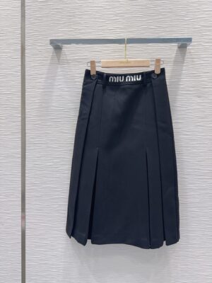 Miu Miu - Jupe midi plissée taille logo - Bleu marine
