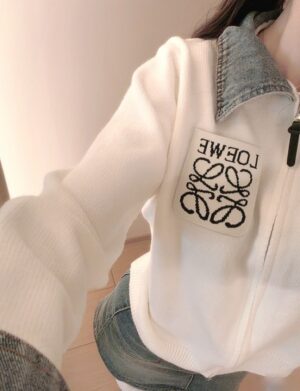 Loewe - Sweat à capuche empiècement denim logo - Ivoire