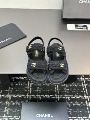 Chanel - Sandales plates - Noir tweed logo CC