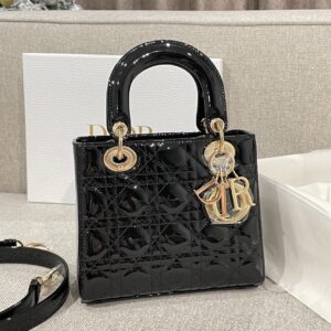 DIOR-Sac a main cannage verni noir profond