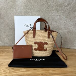 Celine - Cabas paille Triomphe cuir marron