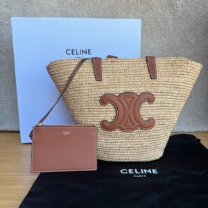 Celine - Cabas paille Triomphe cuir camel