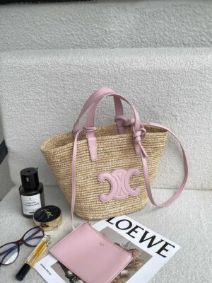 Loewe - Sac seau raffia anagram cuir rose
