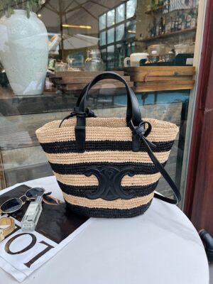 Celine - Cabas paille Triomphe cuir noir