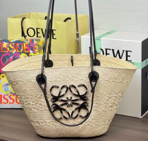 Loewe - Cabas paille anagram cuir noir