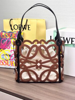 Loewe - Sac panier raffia anagram cuir marron