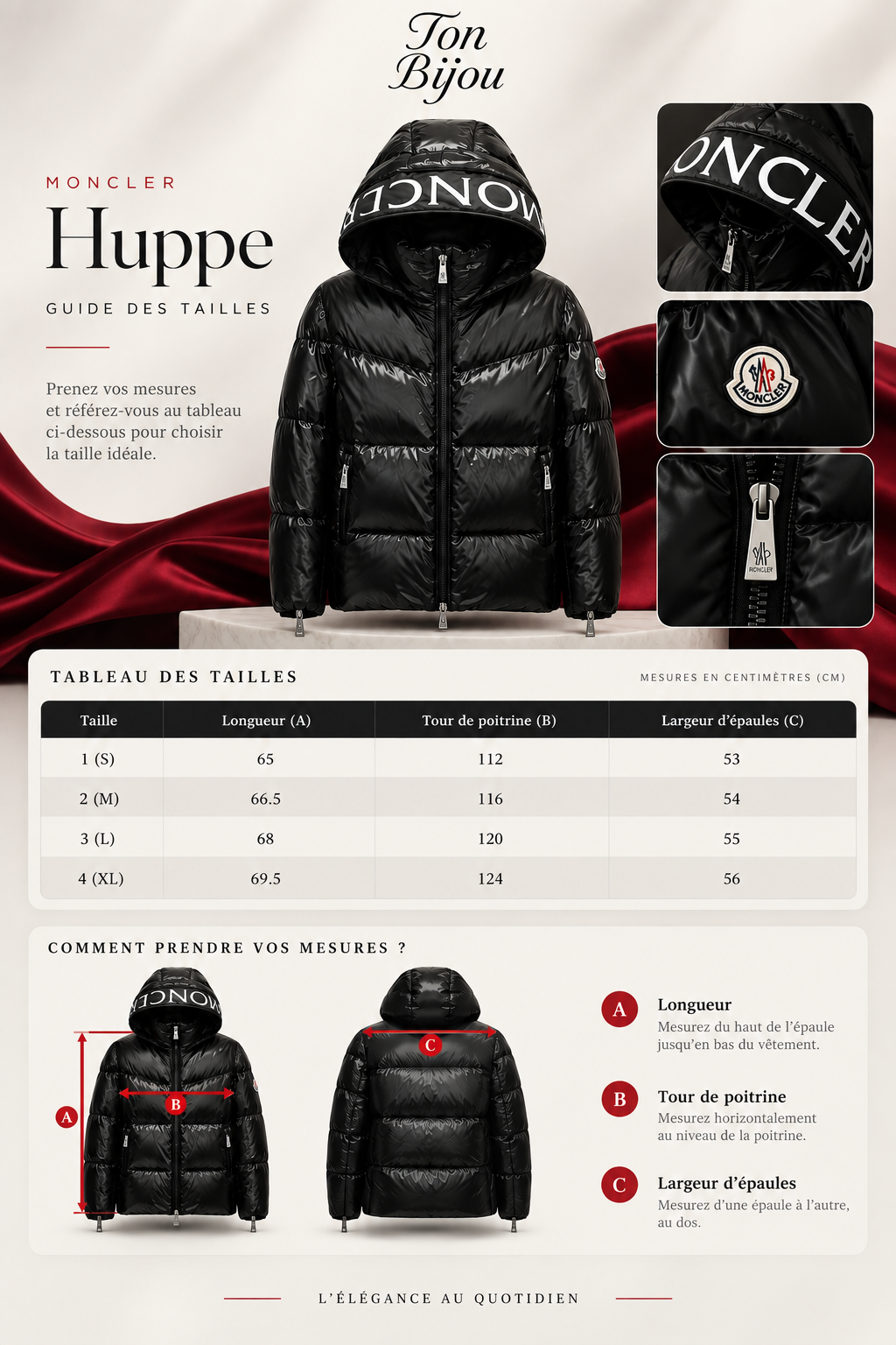 Guide des tailles de la doudoune Huppe